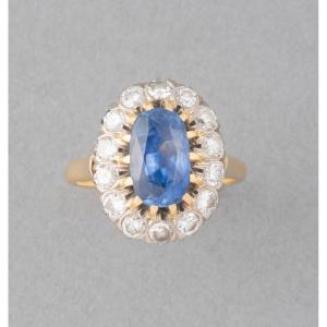 Antique French Gold Ring With Diamonds And Sapphire 