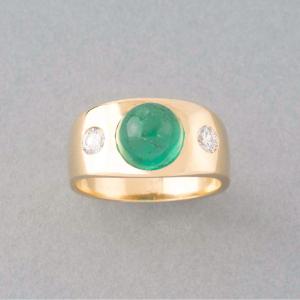 Vintage French Ring In Gold Emerald And Diamonds