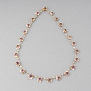 Antique 19th Century French Necklace In Gold, Amethysts And Pearls