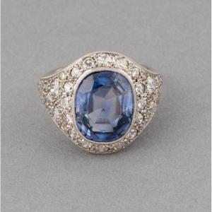 Certified French Art Deco Ring In Platinum Sapphire And Diamonds