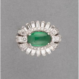 Vintage French Ring In Platinum Diamonds And Emerald