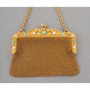 19th Century French Evening Bag In Gold, Diamonds And Turquoise