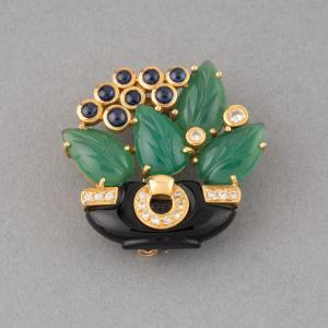 Cartier Broche Vintage En Or Saphirs Onyx Et Chrysoprase