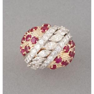 Bague Française Vintage En Or 4.50 Carats De Diamants Et Rubis