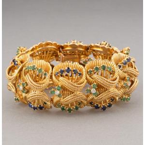 Important Vintage French Bracelet In Gold And Precious Stones