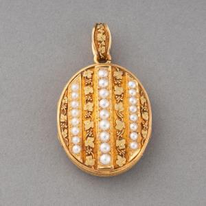 Pendentif Médaillon Français Ancien En Or Et Perles