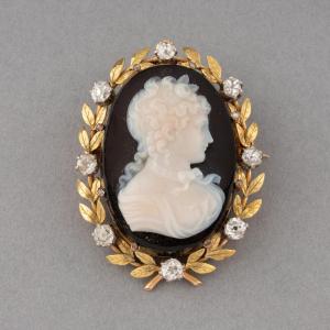 Broche Française Camée Ancienne En Or Diamants Et Agate