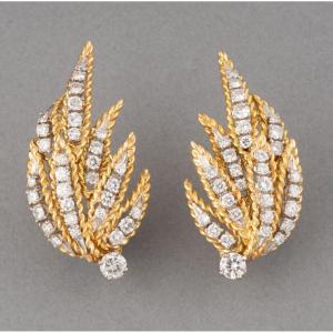 Pair Of Vintage French Gold And Diamond Clip-on Earrings