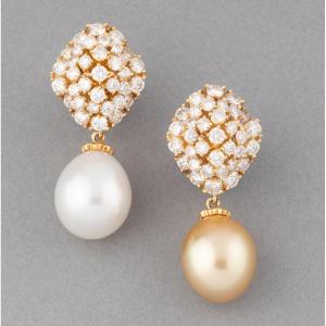 Kutchinsky Boucles d'Oreilles Vintage En Or Diamants Et Perles