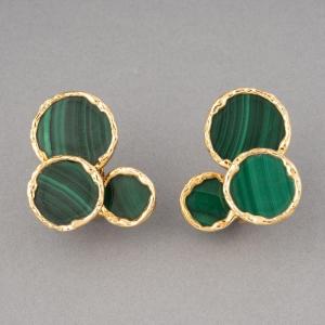 Boucles d'Oreilles Françaises Vintage En Or Et Malachite