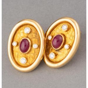 Lalaounis Gold Diamond And Ruby Earrings