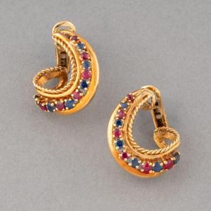 Boucles d'Oreilles Vintage En Or Rubis Et Saphirs