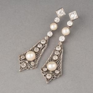 Boucles d'Oreilles Françaises Anciennes En Or Platine Diamants Et Perles Naturelles