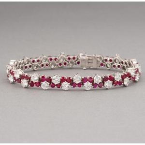 Bracelet Français Vintage En Or Rubis Et 10 Carats De Diamants