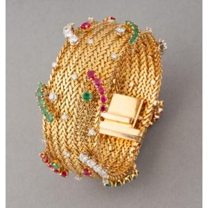 Victor Pourrat Vintage Gold And Gemstone Bracelet