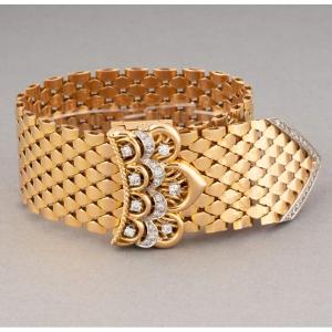 French Retro Belt Bracelet In Gold And Diamonds