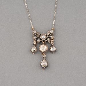 Antique French Pendant Necklace In Gold, Platinum, Silver And Diamonds