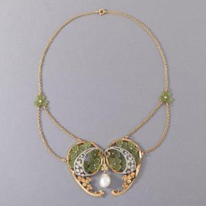 Collier Art Nouveau Français En Or Perle Fine Email Et Diamants