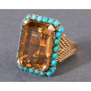 Bague Vintage En Or Citrine Et Turquoises