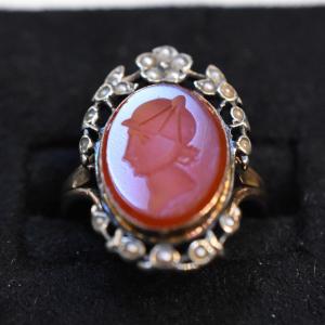 18k Gold And Silver Ring 800/1000, Carnelian Intaglio, Pearls