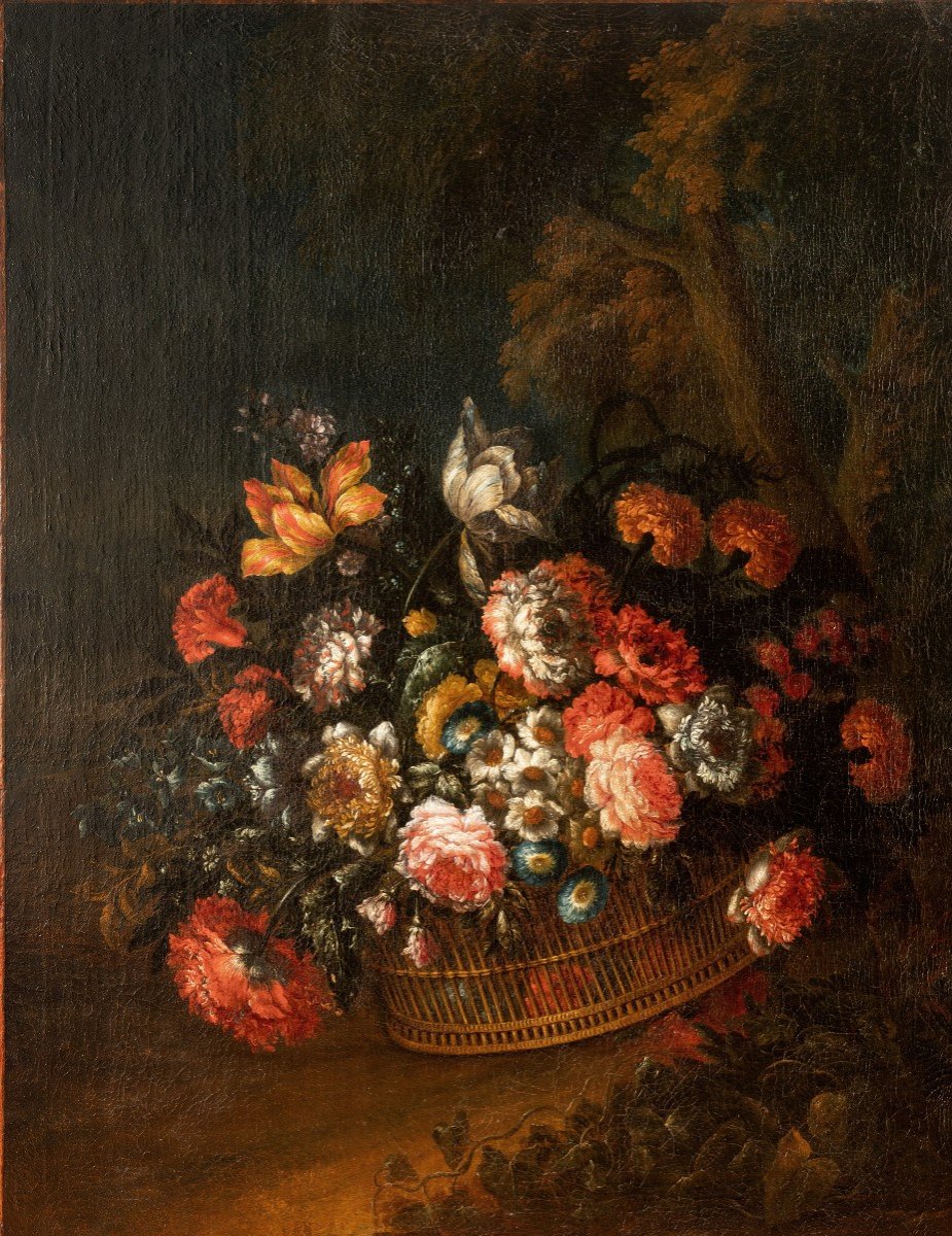 Jean-baptiste Bosschaert (1667 - 1746) - Basket Of Flowers In A Landscape