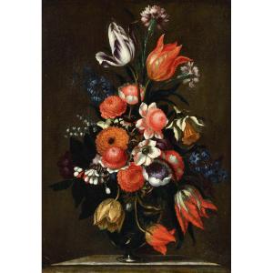 Bartolomeo Ligozzi (1620 - 1695) - Bouquet Of Flowers In A Glass Vase.