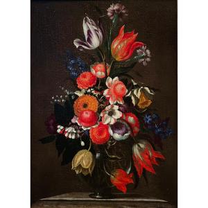 Bartolomeo Ligozzi  (1620 - 1695) - Bouquet De Fleurs Dans Un Vase En Verre.