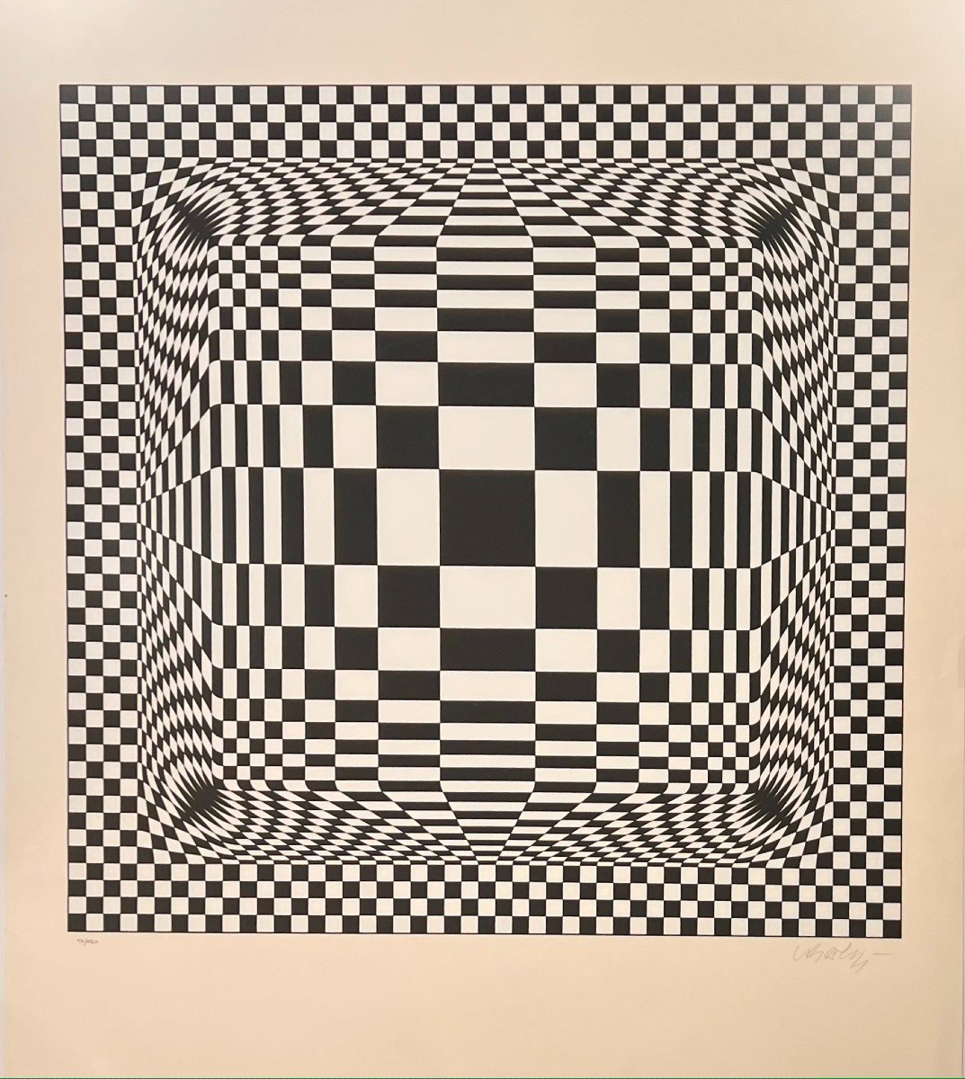 Screenprint By Vasarely Signed And Numbered: Checkerboard Sphere