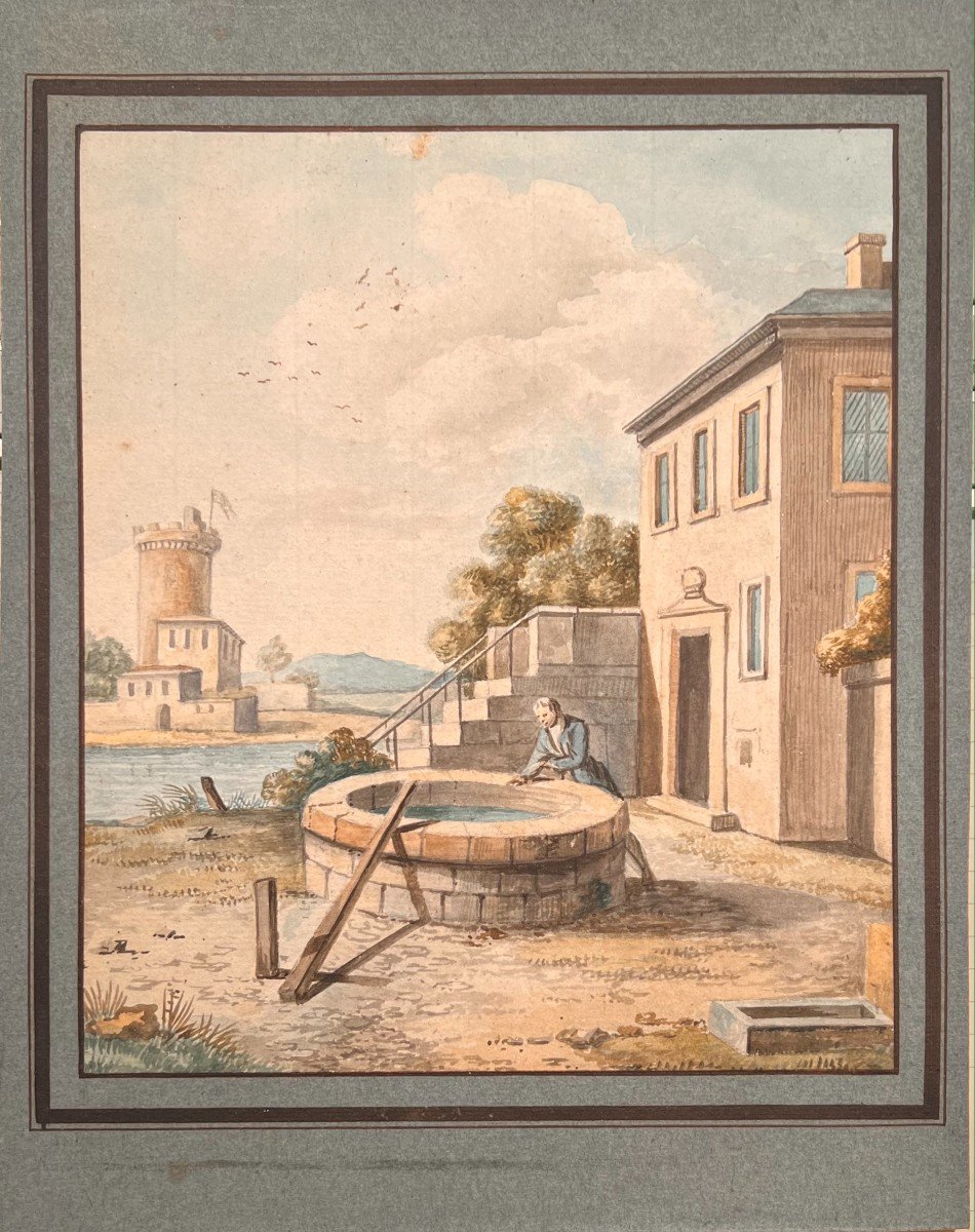 Watercolor, First Quarter Of The XIXth Century: Landscape At The Well