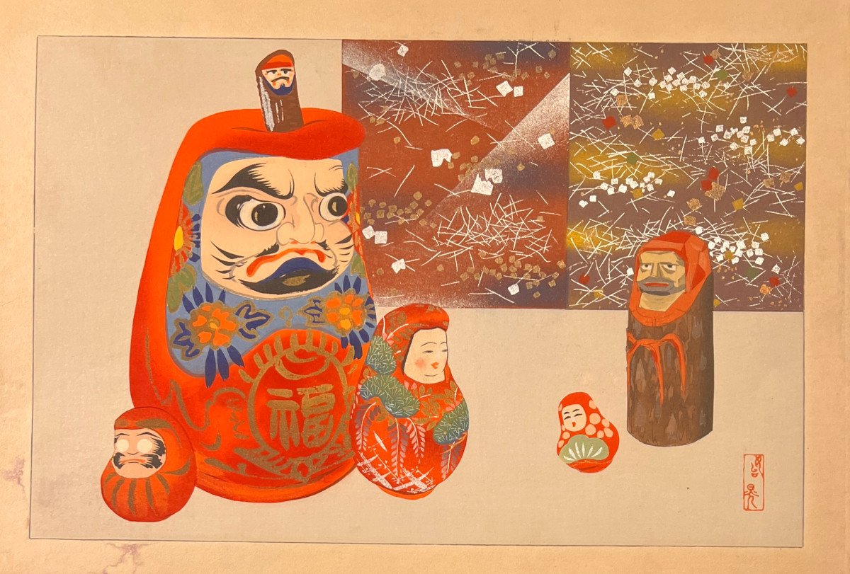 Japanese Print: Yusokugangu Daruma Kokeshi