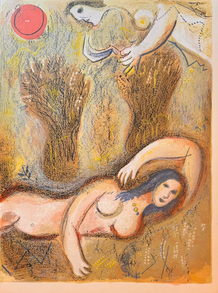 Lithographie Originale De Marc Chagall :  Booz Se Reveille Et Voit Ruth