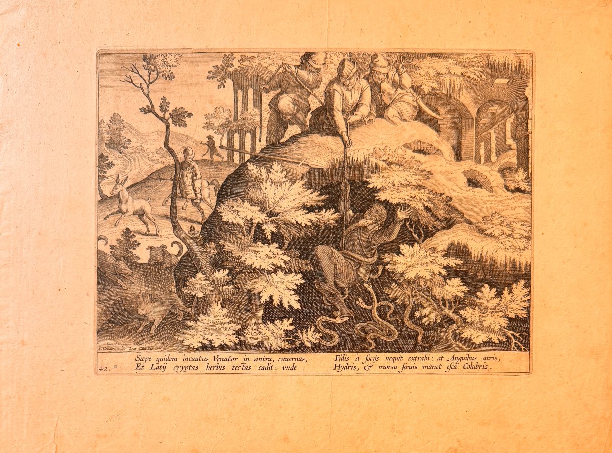 Early 17th Century Engraving By Jan II Collaert: The Fall During The Hunt