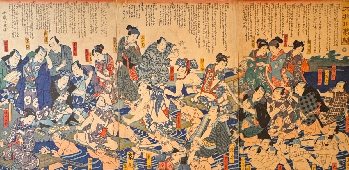 Japanese Print Triptych 19th Century: Kikujiro Hikosaburo Kodanji