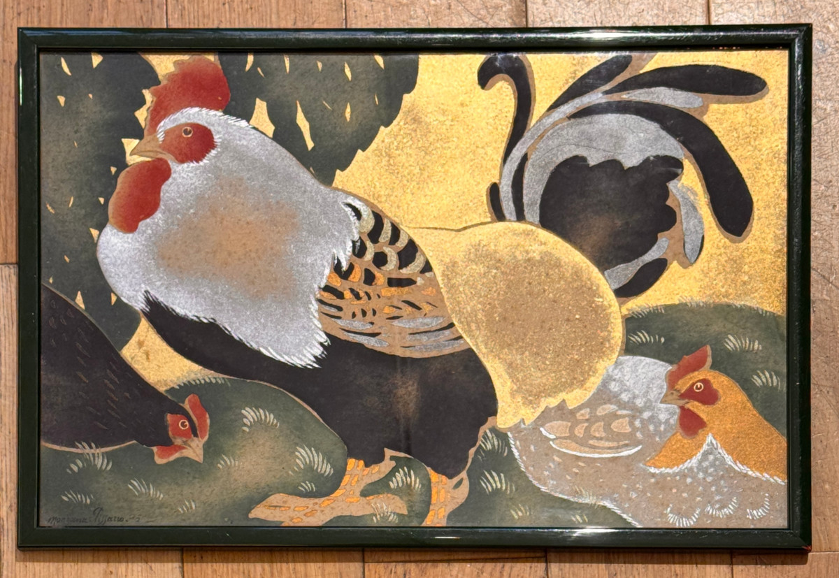 Stencil By Manzana-pissarro: Rooster And Hens, Black And Red