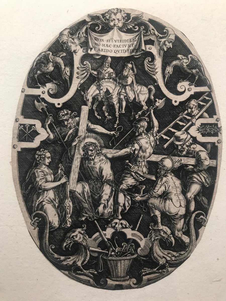Gravure de Johannes Sadeler I : Le portement de croix de la suite de la Passion