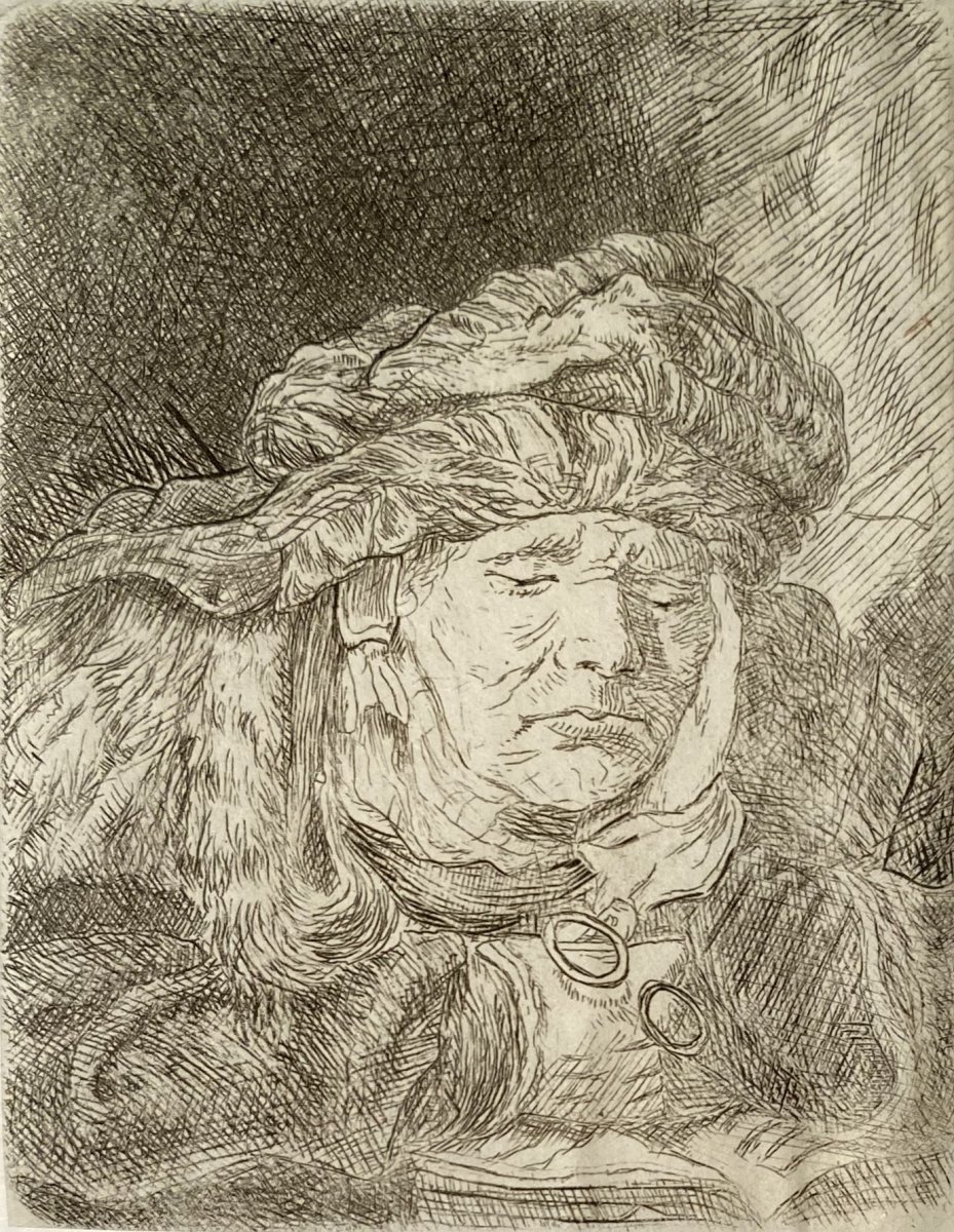 Estampe : La Vieille Femme Endormie d'Après Rembrandt