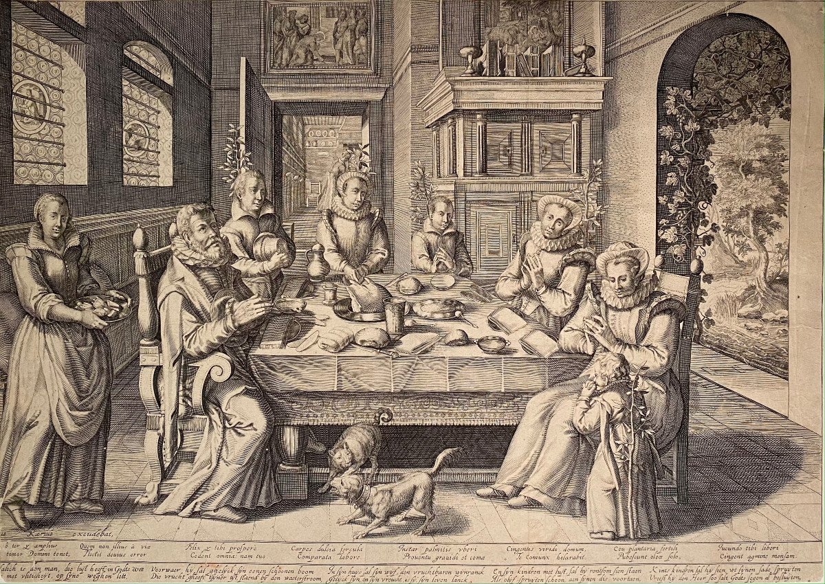 Gravure Ancienne Début XVIIè  De Baudous : Famille Devant Une Table Richement Dressee