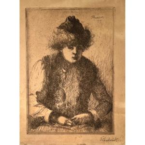 Gravure De Chadwick : Portrait Presume De Son Epouse l'Artiste Emma Chadwick-lowstadt