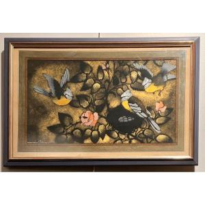 Framed Stencil By Manzana Pissarro: Crested Tits