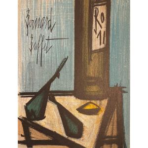 Lithographie De Bernard Buffet : Nature Morte A La Bouteille 