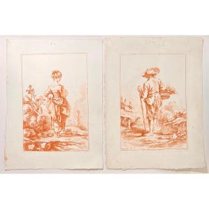 Pair Of 18th Century Sanguine Engravings After Boucher: The Young Shepherds