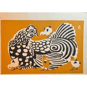 Estampe Japonaise De Tokuriki : Poule Et Ses Poussins