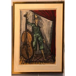 Lithographie Encadrée, Signée Et Numérotée De Bernard Buffet : Clown Violoncelliste