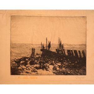 Gravure De Francis Brooks Chadwick : Goelands Sur Les Brise-lames 