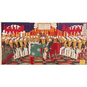 Japanese Print, Toshinobu Triptych: Meeting Of The First Officials In Tokyo