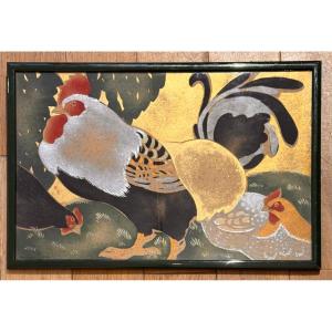 Stencil By Manzana-pissarro: Rooster And Hens, Black And Red