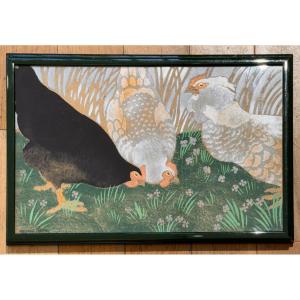 Stencil By Manzana-pissarro: Rooster And Hens, Black And White