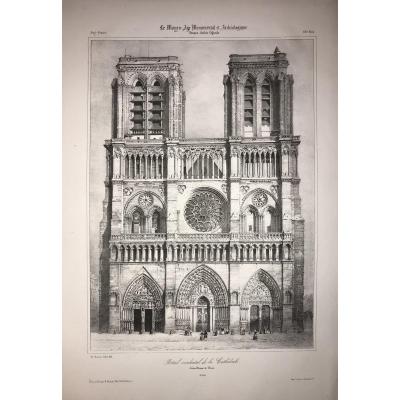 Lithograph By P.benoist: Western Portal Of Notre Dame Cathedral