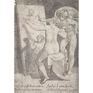 XVIth Print By Bonasone: Apollo Standing Behind A Woman Or Allegory Of Painting