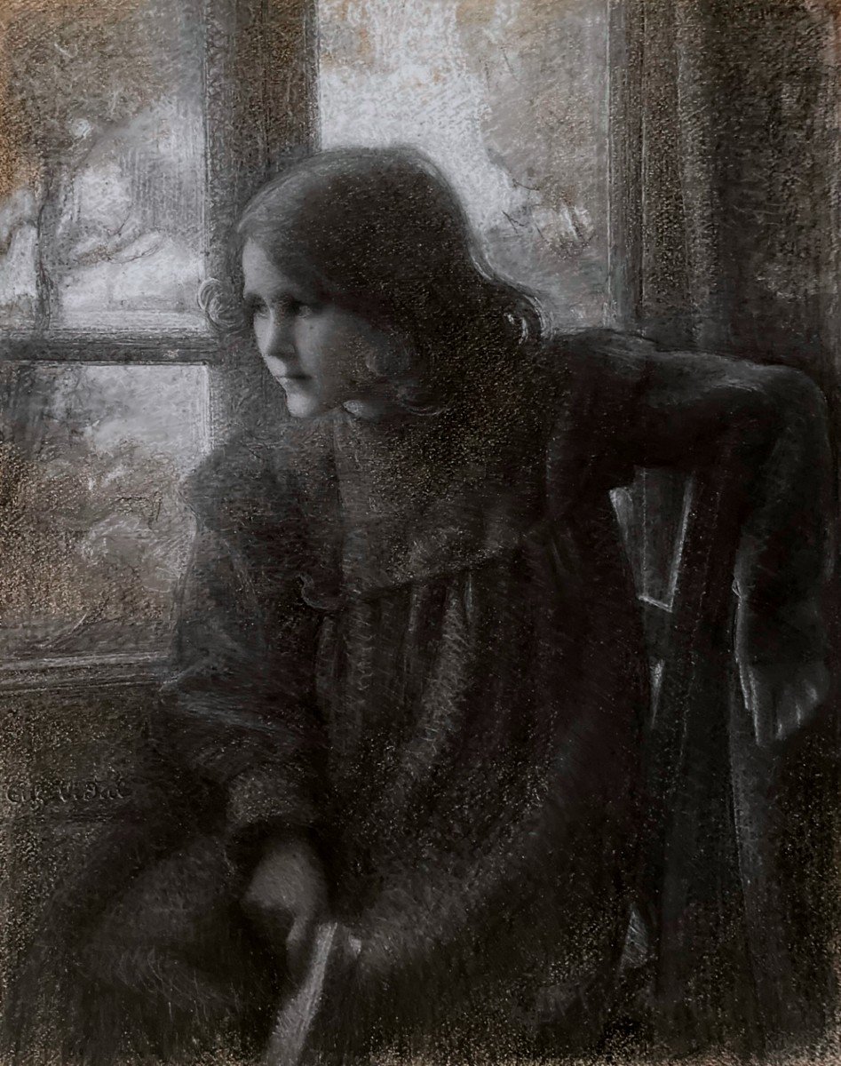 Eugène Vincent Vidal - Portrait Of His Daughter - Charcoal And Chalk Drawing - 1899